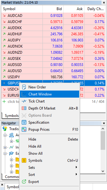 Market watch panel chart window