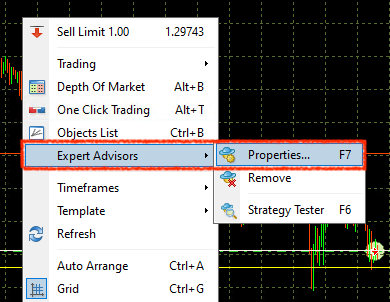 Expert Advisor preferences menu