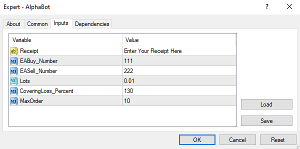 Alpha Bot inputs tab